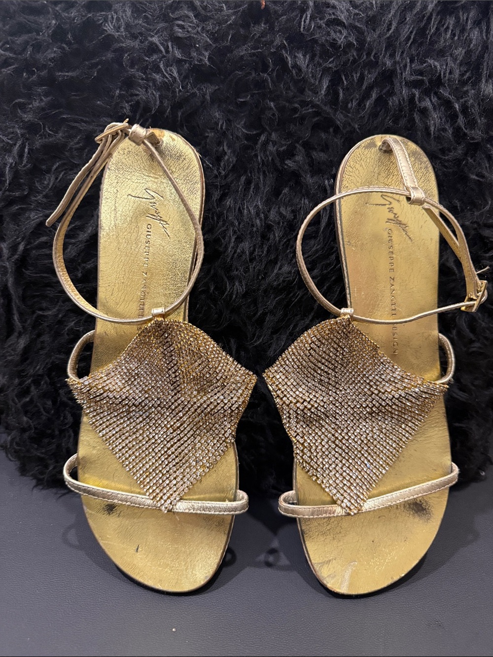 Giuseppe Zanotti Metallic Gold Crystal Mesh Ankle-Strap Sandals